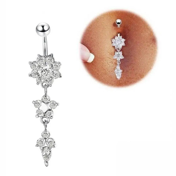 Stainless Steel Belly Button Ring CZ Zircon Flower