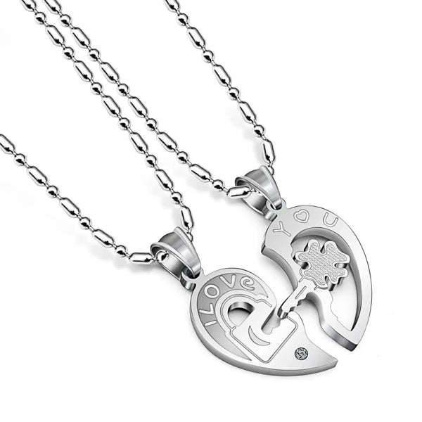 Crystal Heart Key Necklace Couple Puzzle Necklace.