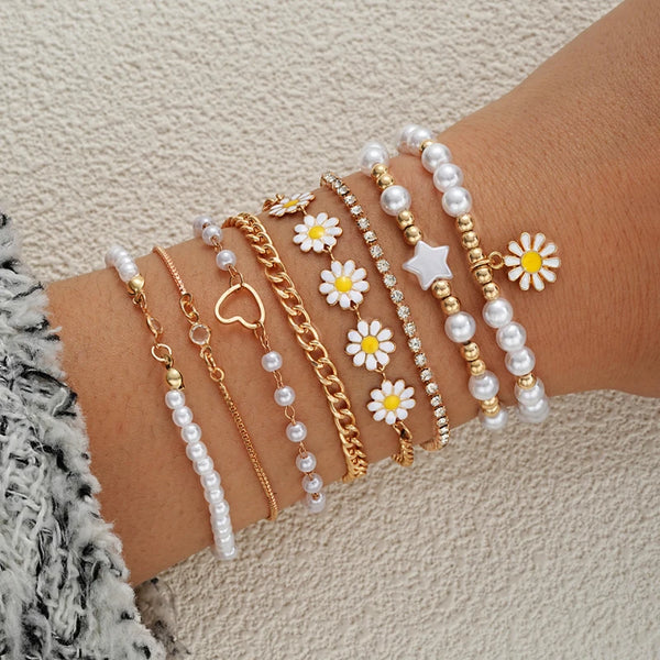 Elevate style with Daisy Flower Pendant Bracelet Set Bohemian Beaded.