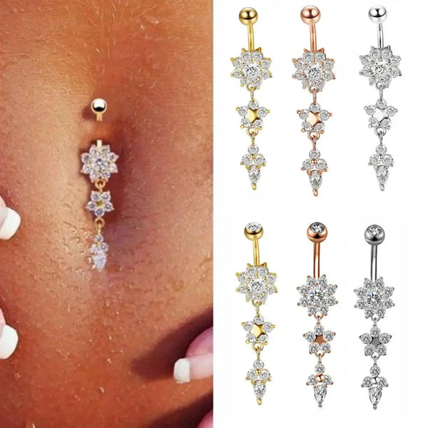 Stainless Steel Belly Button Ring CZ Zircon Flower