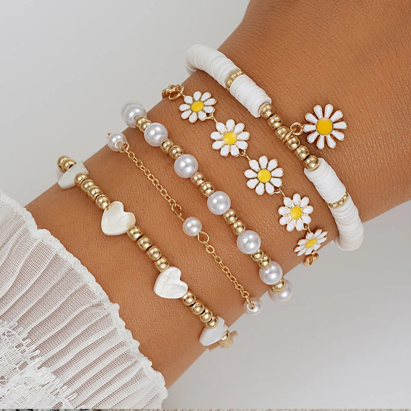 Elevate style with Daisy Flower Pendant Bracelet Set Bohemian Beaded.