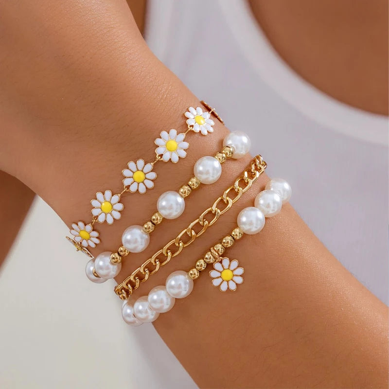 Elevate style with Daisy Flower Pendant Bracelet Set Bohemian Beaded.