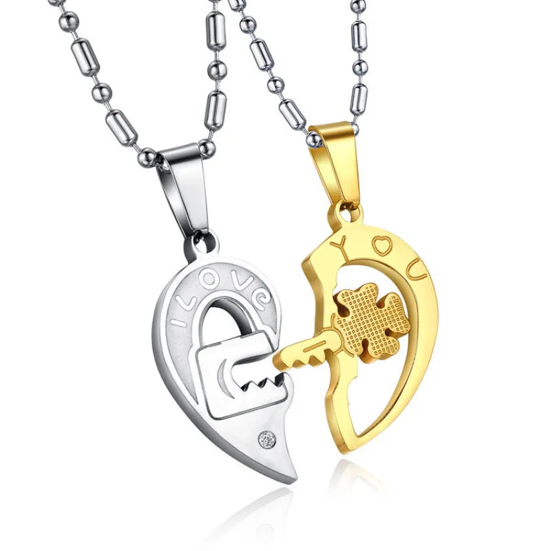 Crystal Heart Key Necklace Couple Puzzle Necklace.